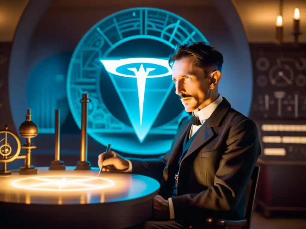 Nikola Tesla en su laboratorio rodeado de símbolos misteriosos, con la influencia de los Illuminati sutilmente oculta en las sombras