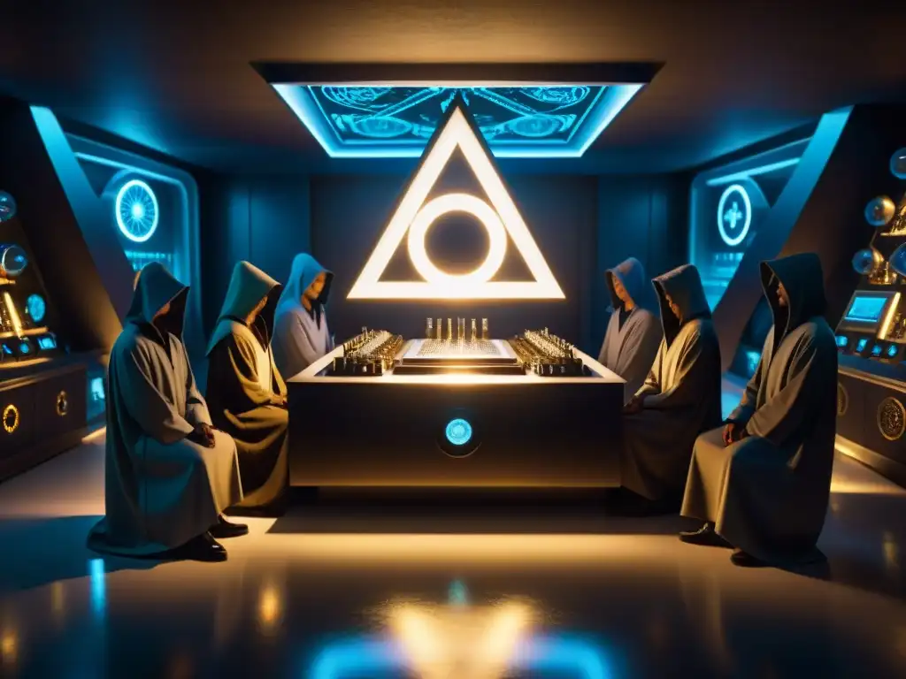 Laboratorio secreto iluminado por tecnología futurista y símbolos misteriosos de los Illuminati