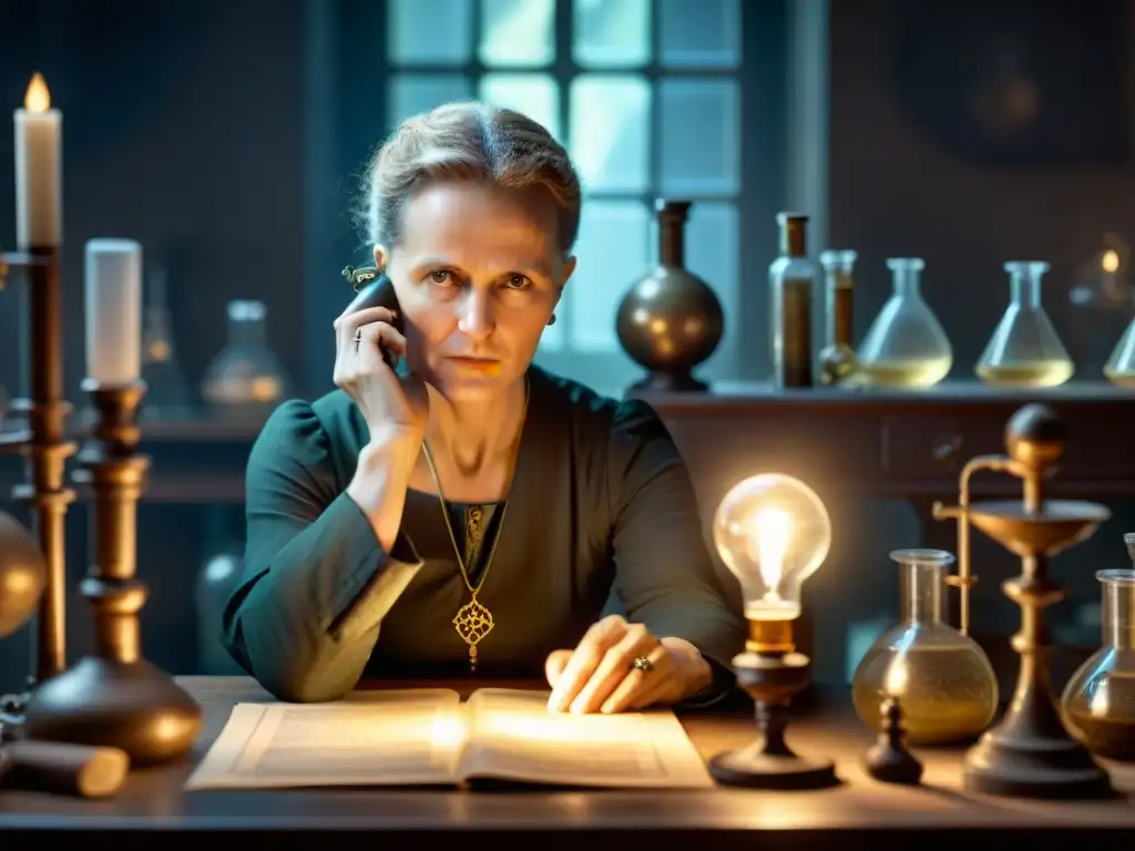 Marie Curie en laboratorio con símbolos misteriosos y artefactos antiguos, sugiriendo conexión a sociedades secretas