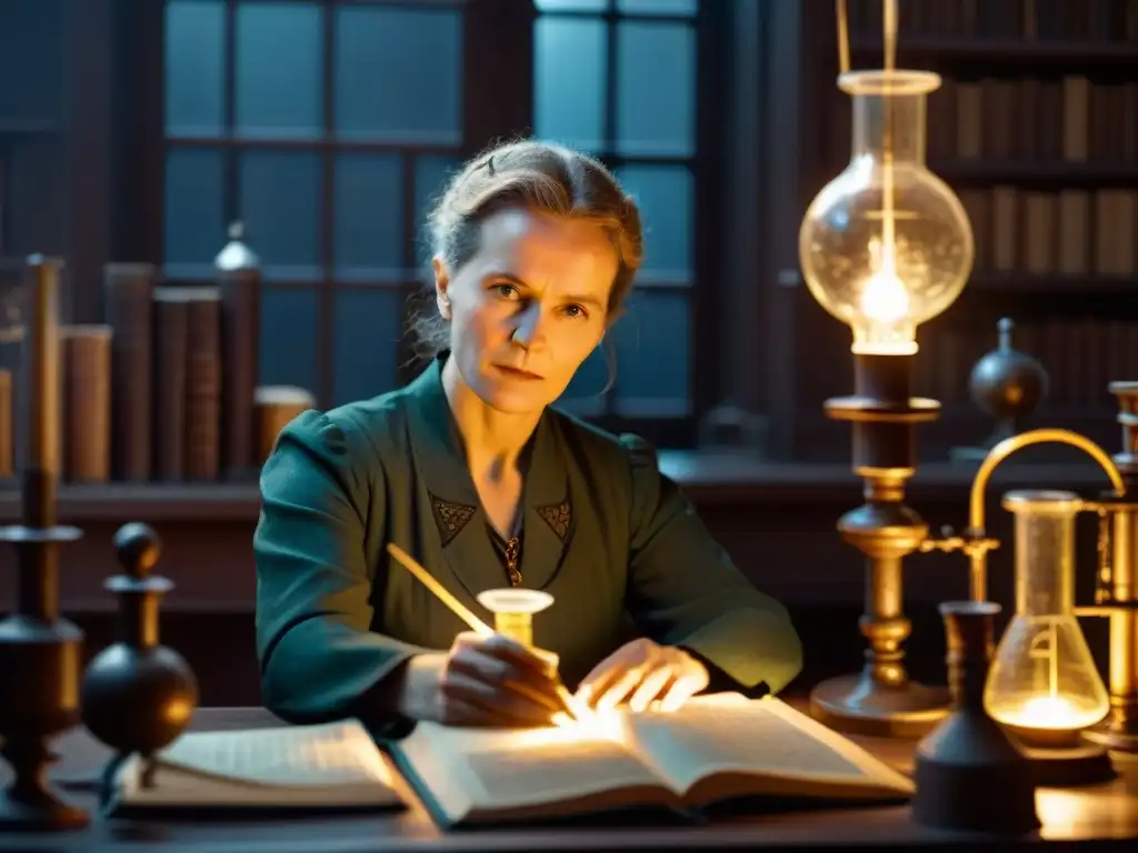 Marie Curie en laboratorio con símbolos misteriosos, figuras sombrías y vial de radio