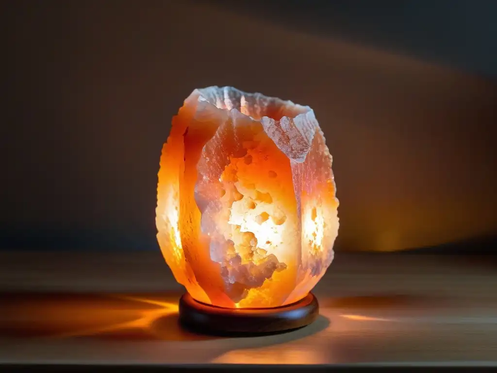 Lámpara de sal del Himalaya iluminando cristales en ambiente místico, ideal para meditar