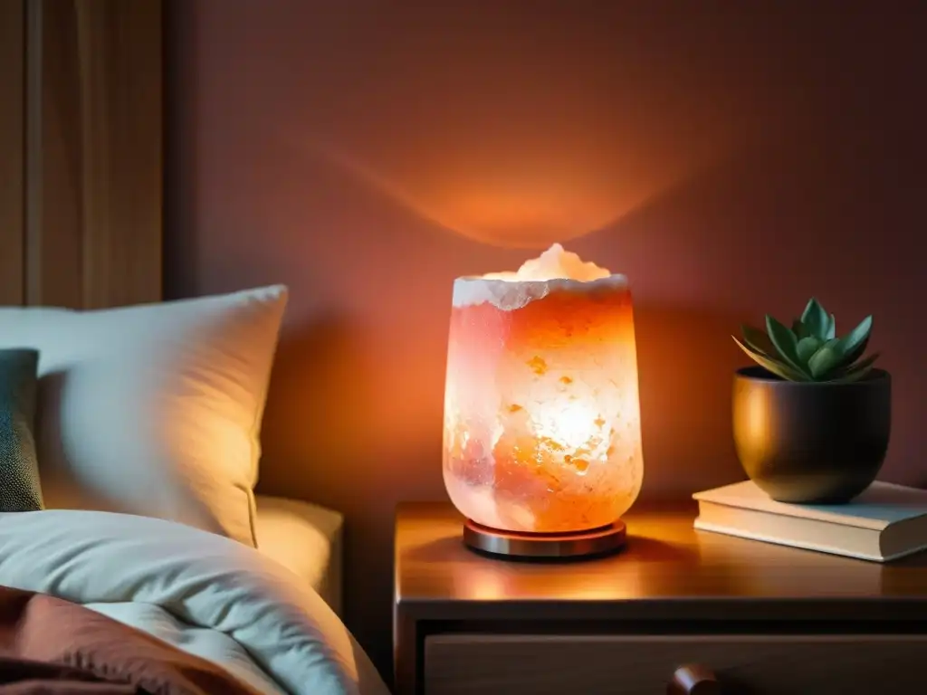 Una lámpara de sal del Himalaya iluminando una habitación acogedora, ideal para relajación y meditación