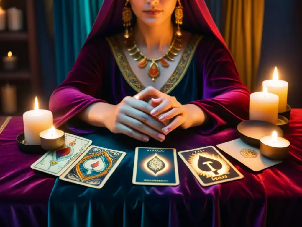 Un lector de tarot místico potencia lecturas con magia en ambiente íntimo y misterioso