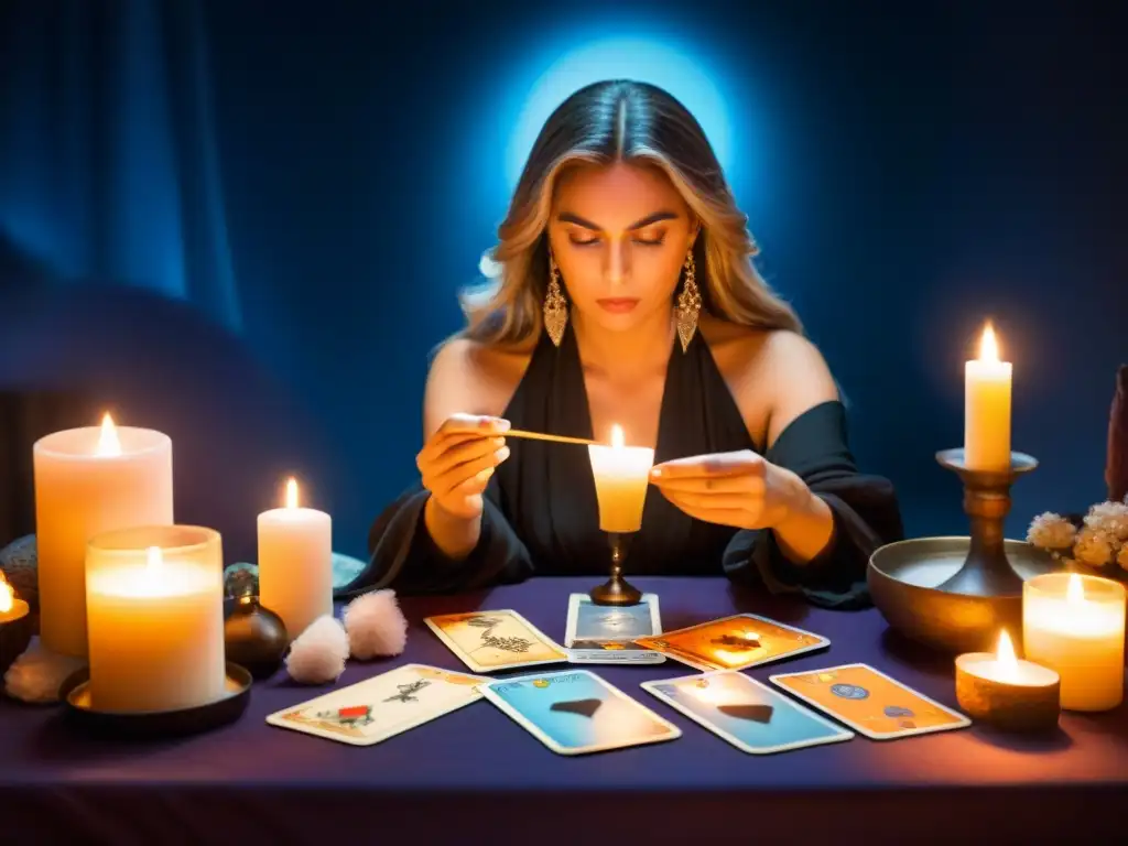 Un lector de tarot moderno en un ambiente místico, rodeado de velas y cristales, interpretando cartas