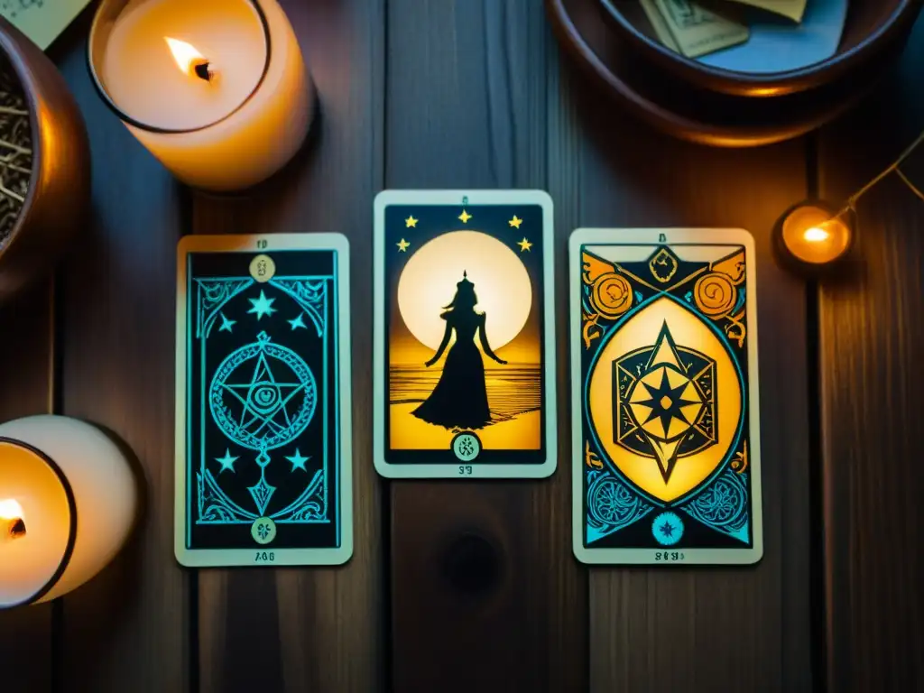 Una lectura de tarot detallada con cartas que representan desafíos diarios, iluminadas por una vela en una habitación mística