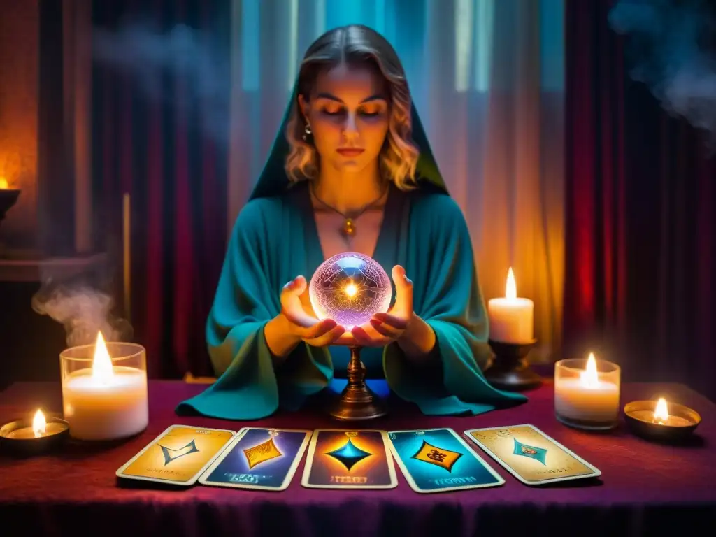 Una lectura de tarot detallada, con colores vibrantes y símbolos místicos, en una habitación oscura iluminada por velas