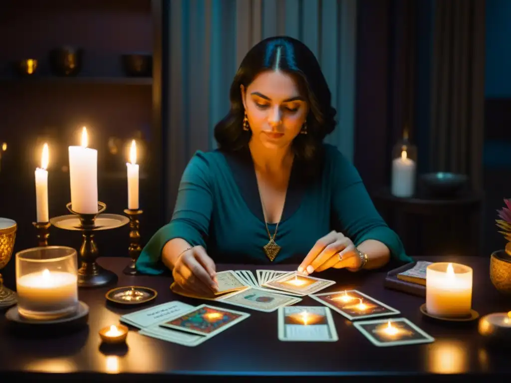 Una lectura de tarot profesional en un ambiente místico y cautivador, con una mujer y un hombre concentrados en la sesión