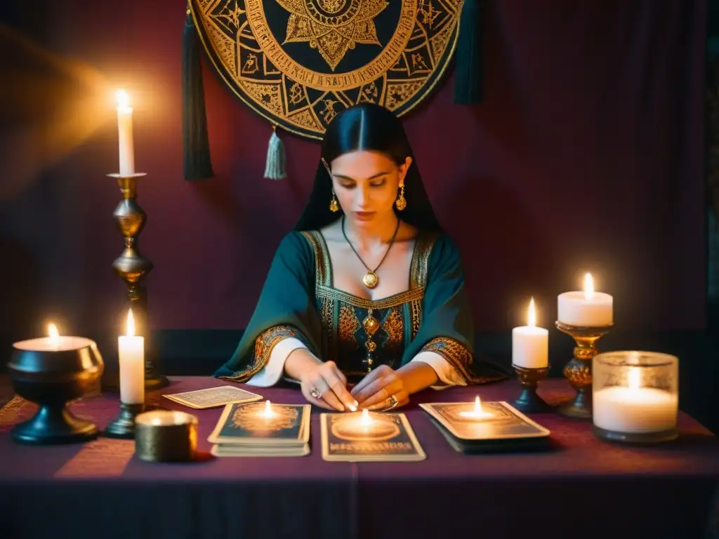 Una lectura de tarot profesional en un ambiente místico y sereno, con velas encendidas y símbolos esotéricos