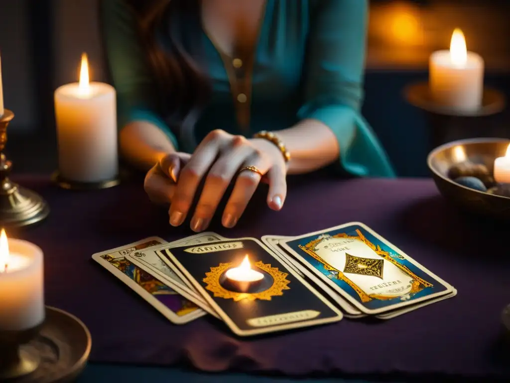 Una lectura de tarot profesional en una habitación mística y serena iluminada por velas