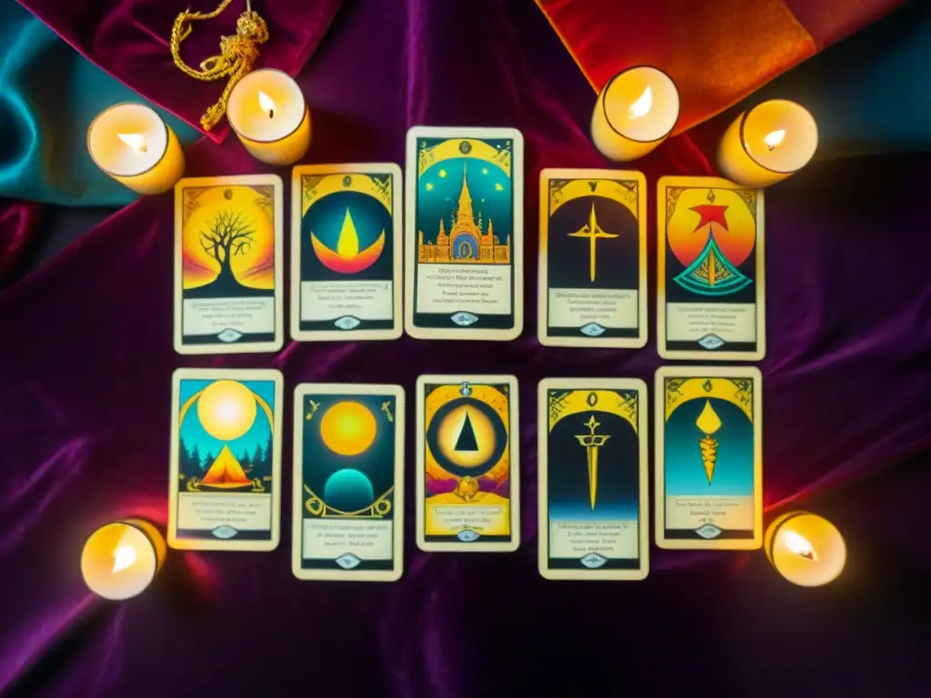 Potenciar lecturas tarot magia: Despliegue de cartas vibrantes sobre terciopelo, iluminadas por una vela