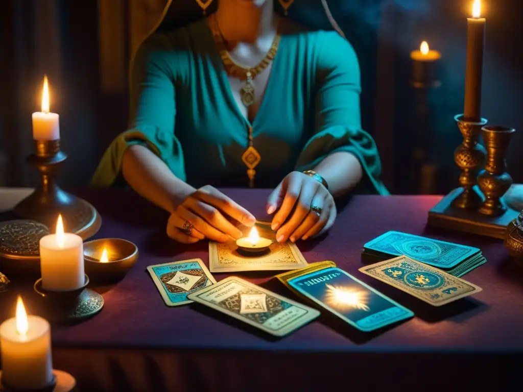 Potenciar lecturas tarot magia: Escena mística de lectura de tarot en una habitación con ambiente encantador, tarotista hábil y velas suaves