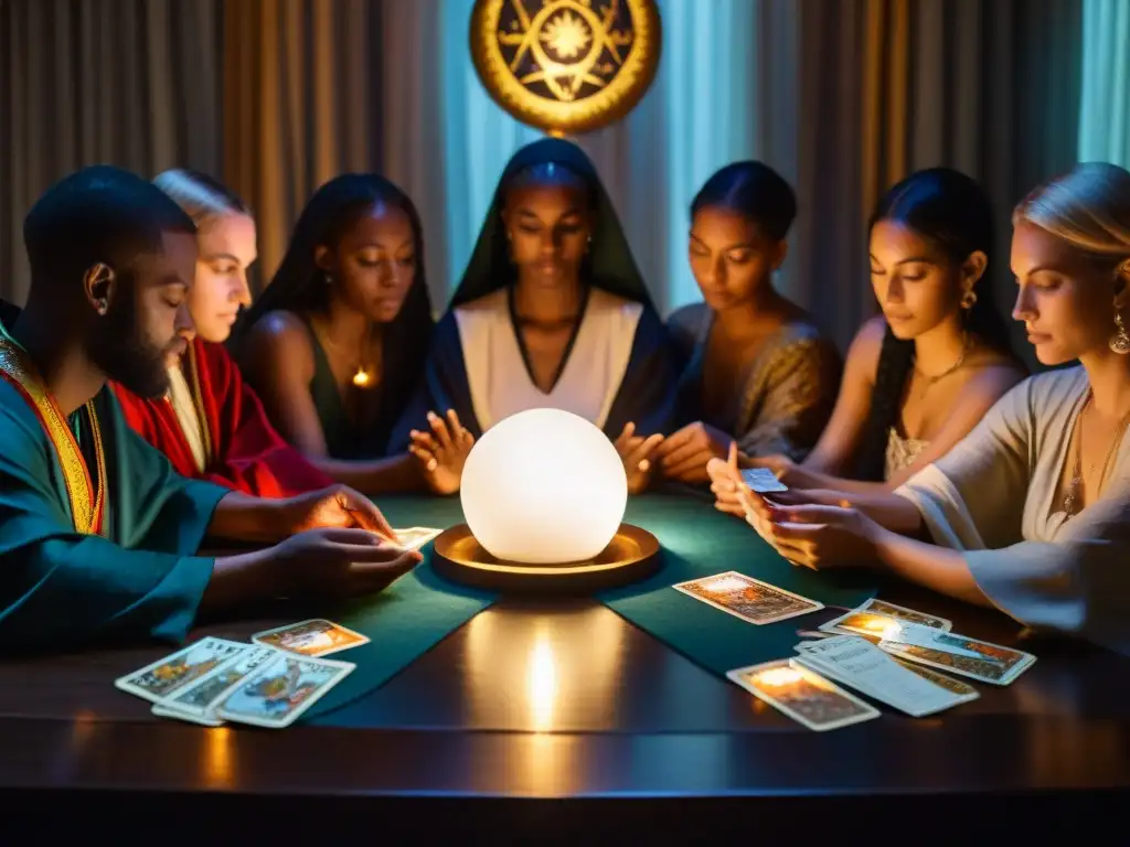 Potenciar lecturas tarot magia: Escena mística con individuos en ritual, tarot, velas y bola de cristal en ambiente oscuro