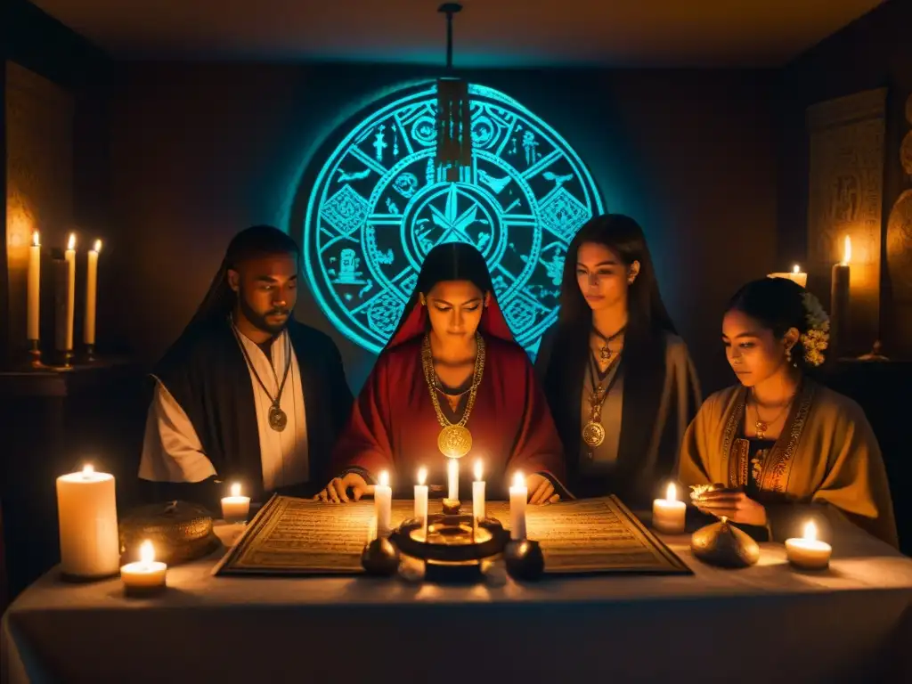 Potenciar lecturas tarot magia: Ritual místico con tarot en habitación oscura llena de símbolos y artefactos