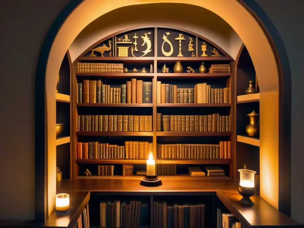 Librería de madera llena de manuscritos antiguos y artefactos misteriosos, iluminada por velas en cámara secreta
