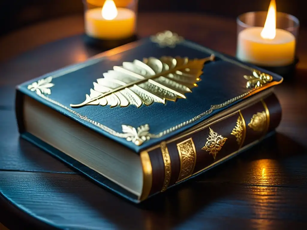 Libro antiguo con detalles dorados, rodeado de velas en una mesa de madera