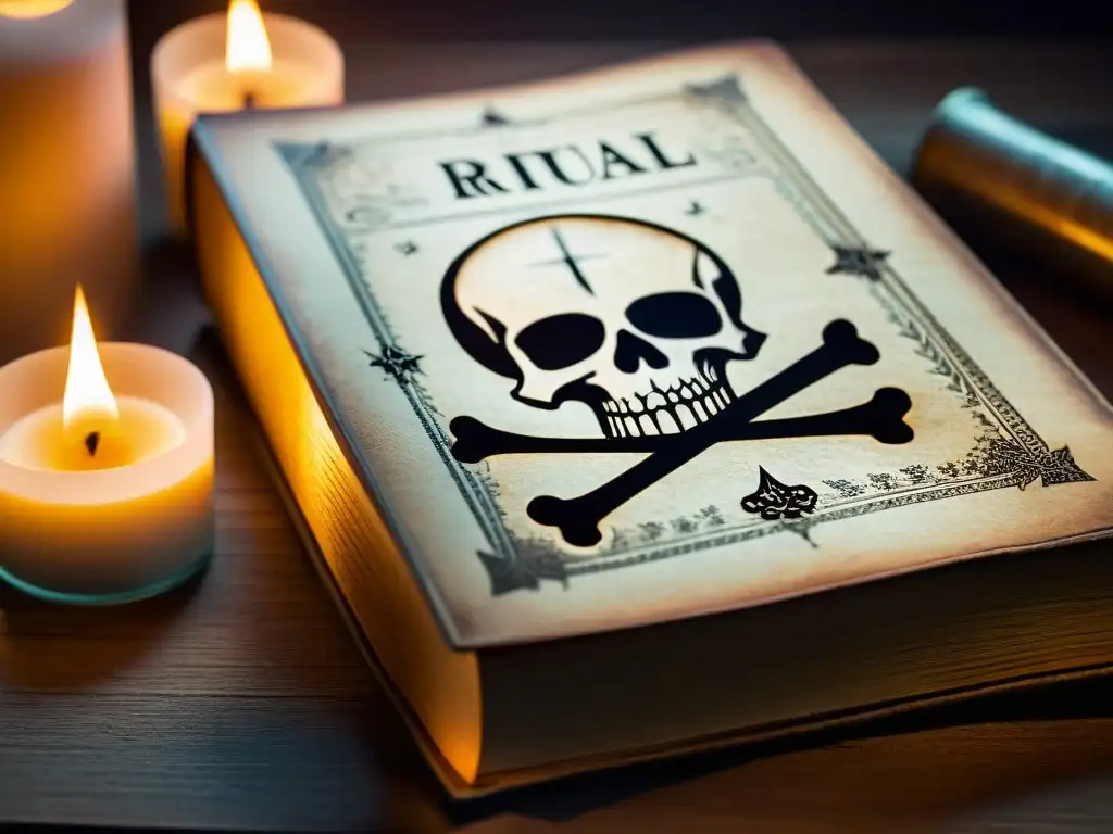 Libro antiguo con emblema de calavera rodeado de luz de velas, revelando ritual secreto de Sociedades secretas influencia paranormal sociedad