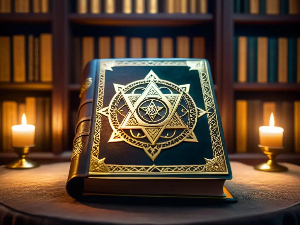 Libro antiguo con patrones dorados y símbolos místicos en cuero, en un ambiente de misterio y magia en una biblioteca con velas