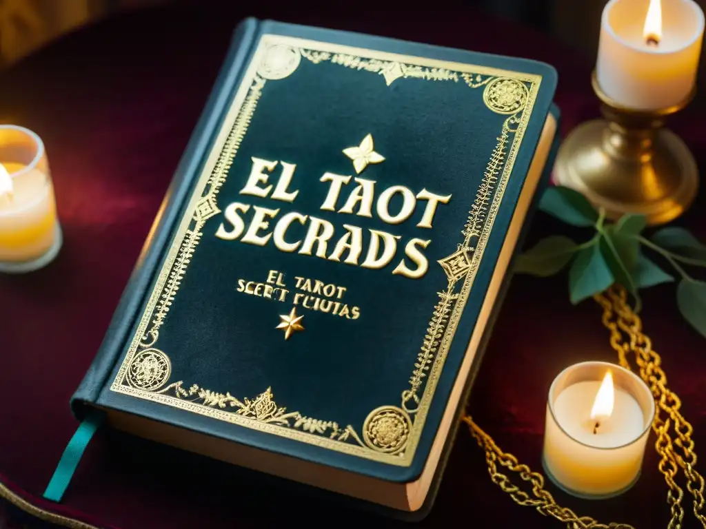 Un libro de cuero desgastado con letras doradas, rodeado de luz de velas y símbolos, evoca historias familiares y legados espirituales