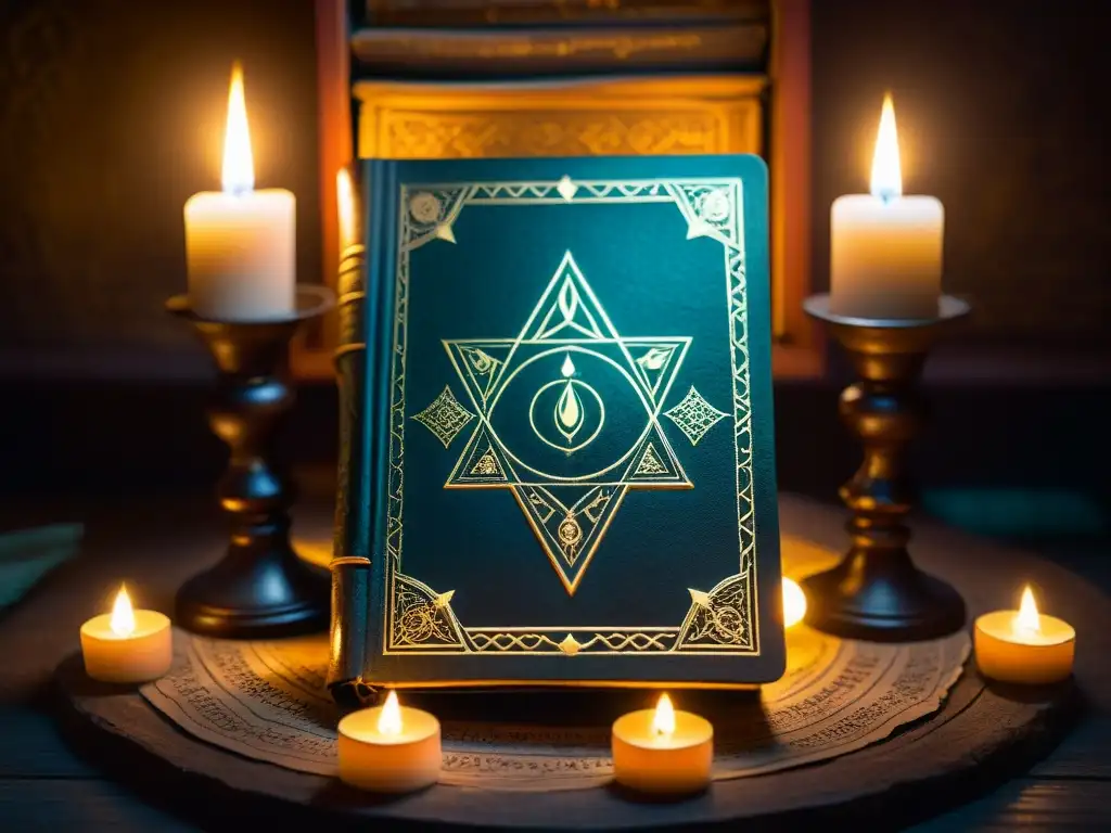 Libro de cuero con símbolos antiguos, iluminado por velas en una habitación misteriosa con cristales, hierbas y cartas de tarot