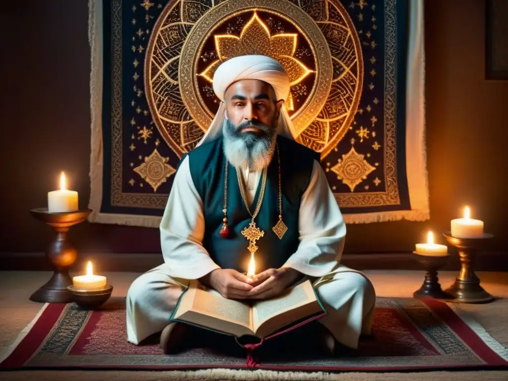 Sufí en meditación con libro de poesía en habitación iluminada por velas, creando atmósfera de misticismo y divina influencia