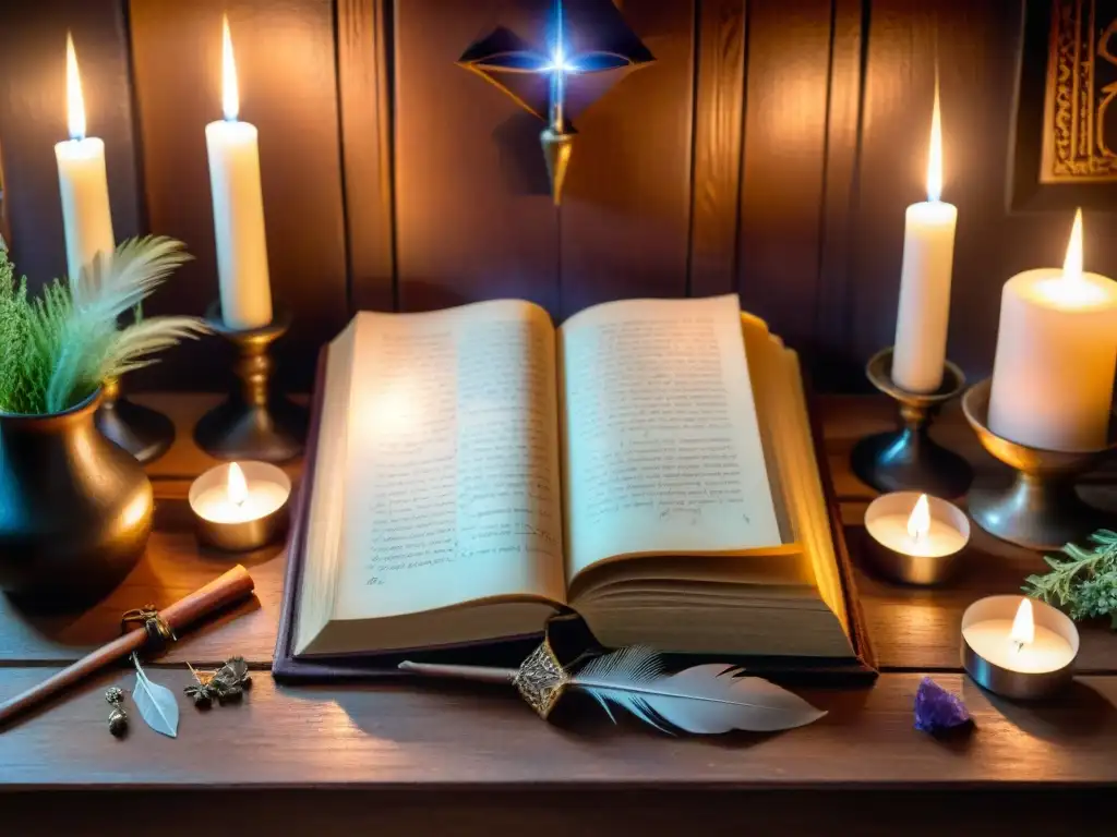 Libro de las sombras de brujería abierto en altar con velas y herramientas místicas