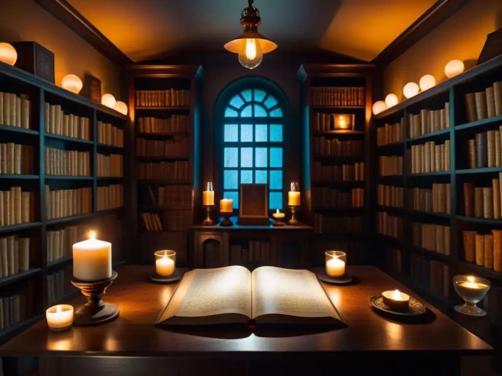 En una habitación lúgubre llena de libros antiguos y artefactos místicos, destaca un tablero Ouija en una mesa de madera