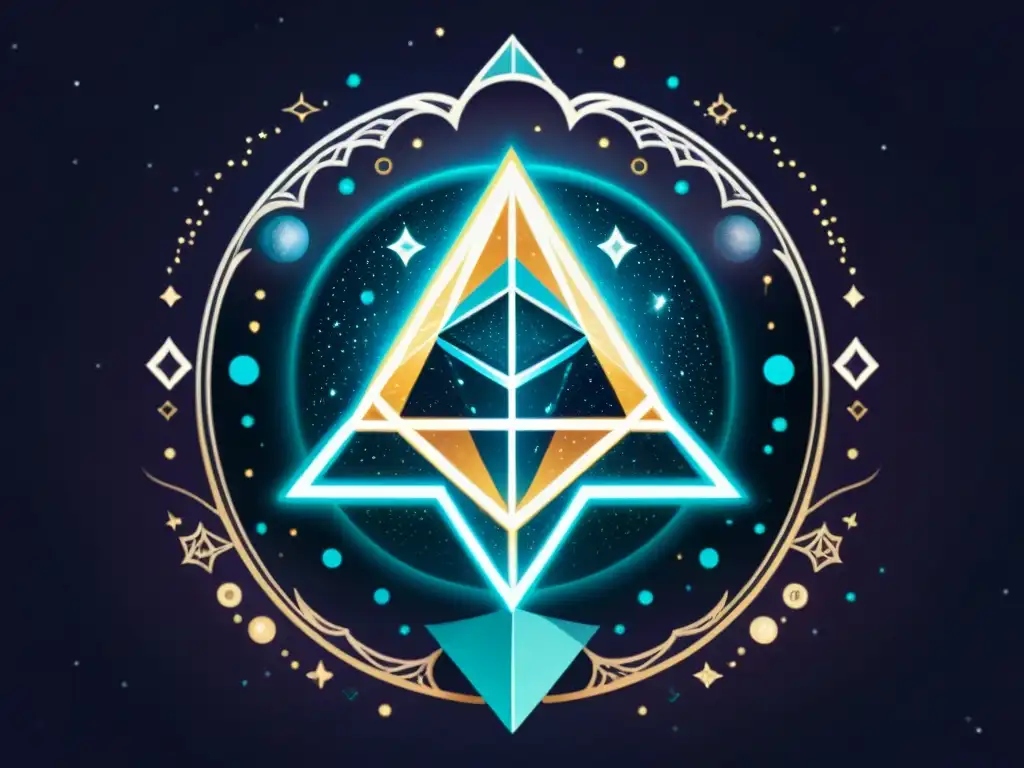 Conexión etérea entre el logo de Ethereum y símbolos místicos como una bola de cristal brillante, runas antiguas y constelaciones celestiales