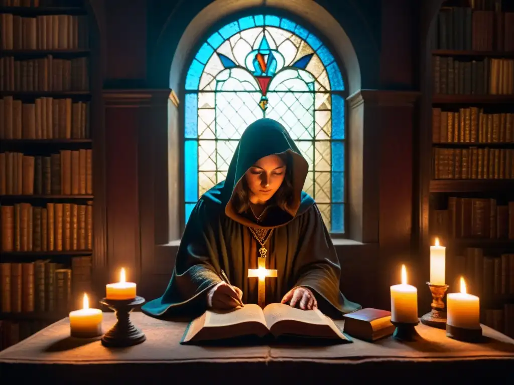 Un lugar misterioso lleno de libros antiguos, artefactos y velas, donde una figura en sombras estudia un libro bajo una luz tenue