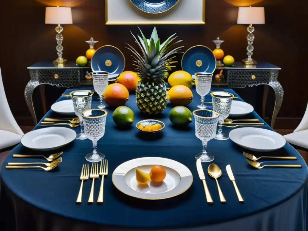 En un lujoso banquete con simbolismo oculto dieta Illuminati: mesa decorada con plata, fina vajilla, cristalería y frutas exóticas