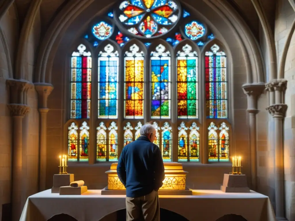 Un maestro cantero desvela secretos en la catedral gótica, mientras los rayos de sol iluminan los vitrales