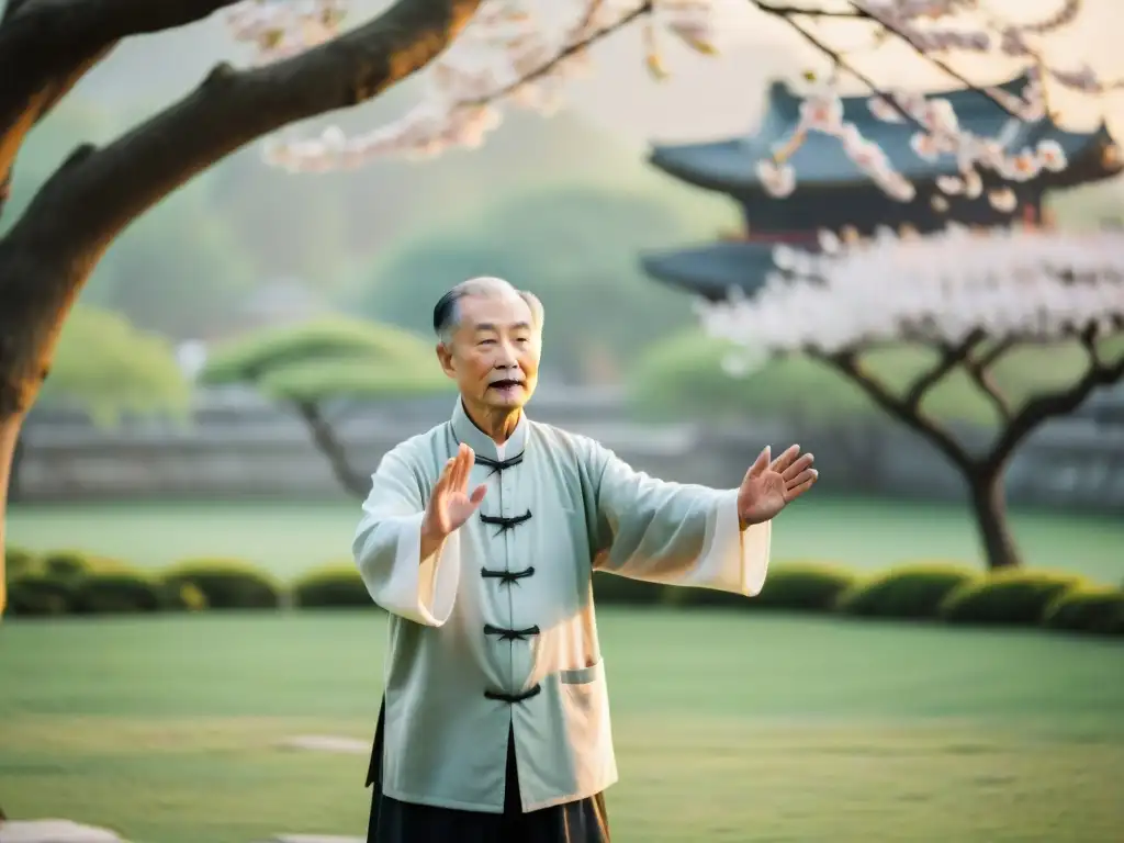 Maestro chino realiza Tai Chi al amanecer en un parque sereno, rodeado de vegetación exuberante y pagodas antiguas