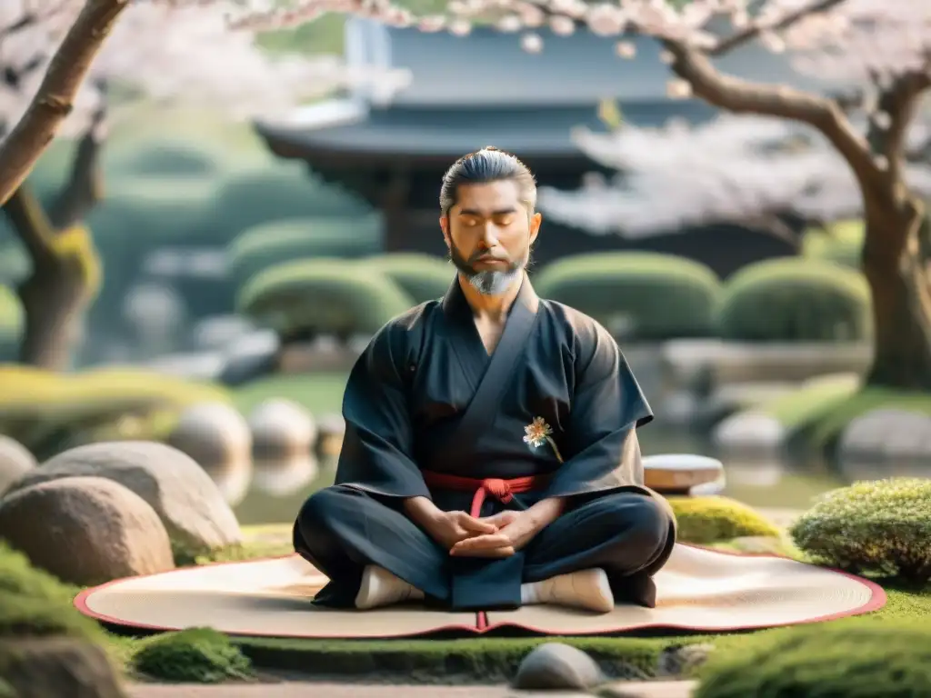 Maestro ninja en jardín japonés con técnicas de meditación, rodeado de cerezos en flor