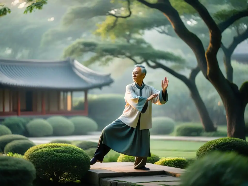 Maestro de Tai Chi practicando en jardín al amanecer, transmitiendo paz y armonía