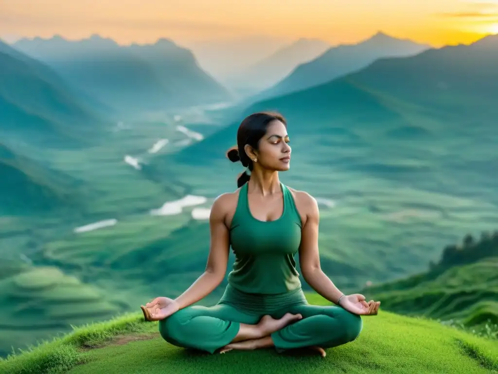 Maestro de yoga en pose en cima de montaña al amanecer, conectando con secretos milenarios del yoga