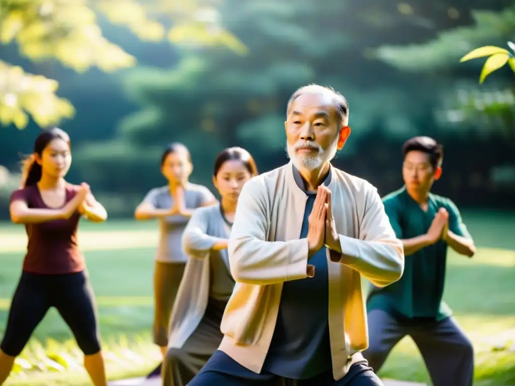 Un maestro de Qi Gong rodeado de estudiantes practicando en un jardín sereno