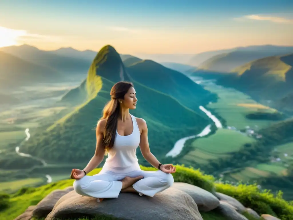 Maestro de yoga en montaña, vestido de blanco, ejecuta postura compleja al amanecer