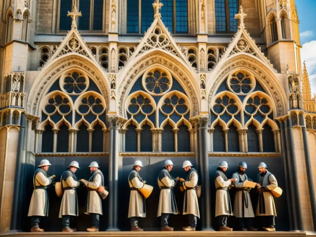 Maestros canteros medievales esculpen detalladas figuras en catedral gótica, mostrando precisión y destreza