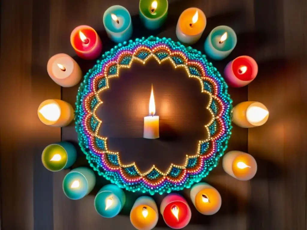 Un mágico ambiente iluminado por velas de siete colores en un círculo en una mesa de madera