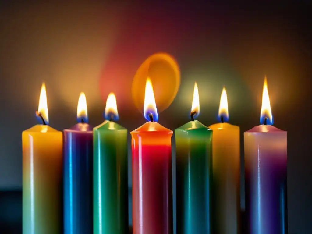 Un mágico espectáculo de siete velas de colores ardiendo en la oscuridad, cada una representando un color del arcoíris