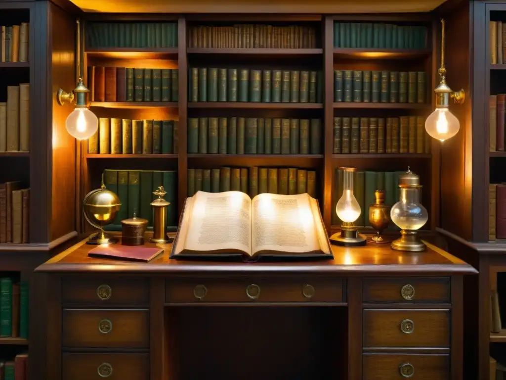 Antigua biblioteca esotérica: manuscritos médicos y artefactos rosacruces Un mágico rincón del Legado Rosacruz en la Medicina Esotérica y Científica: biblioteca iluminada con antiguas obras y objetos de sabiduría esotérica