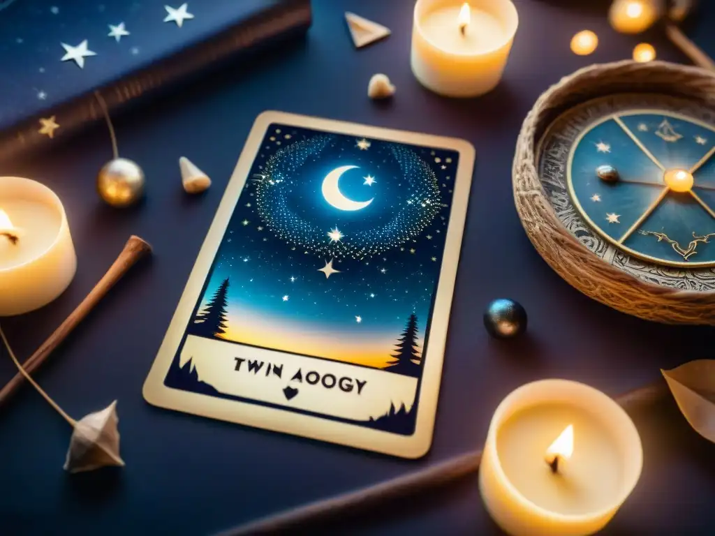 Un mágico tarot bajo la luna llena, iluminado por velas, revela la conexión entre tarot y astrología