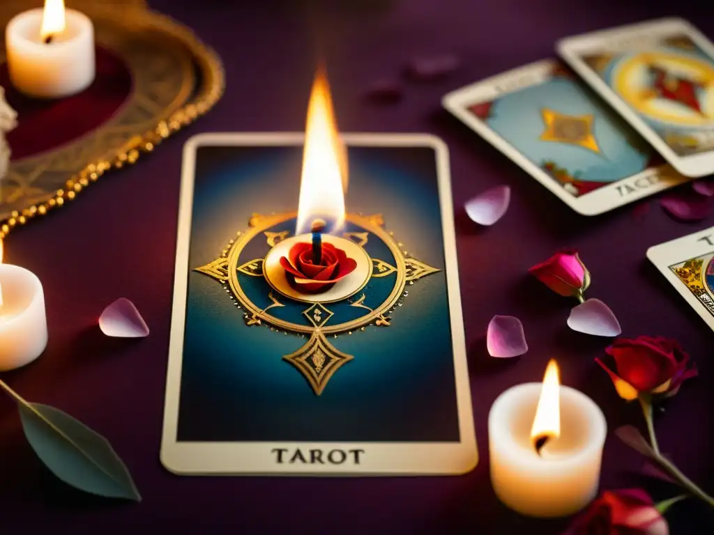 Un mágico momento de lectura de Tarot con la carta de Los Enamorados, rodeada de luz tenue y humo de incienso