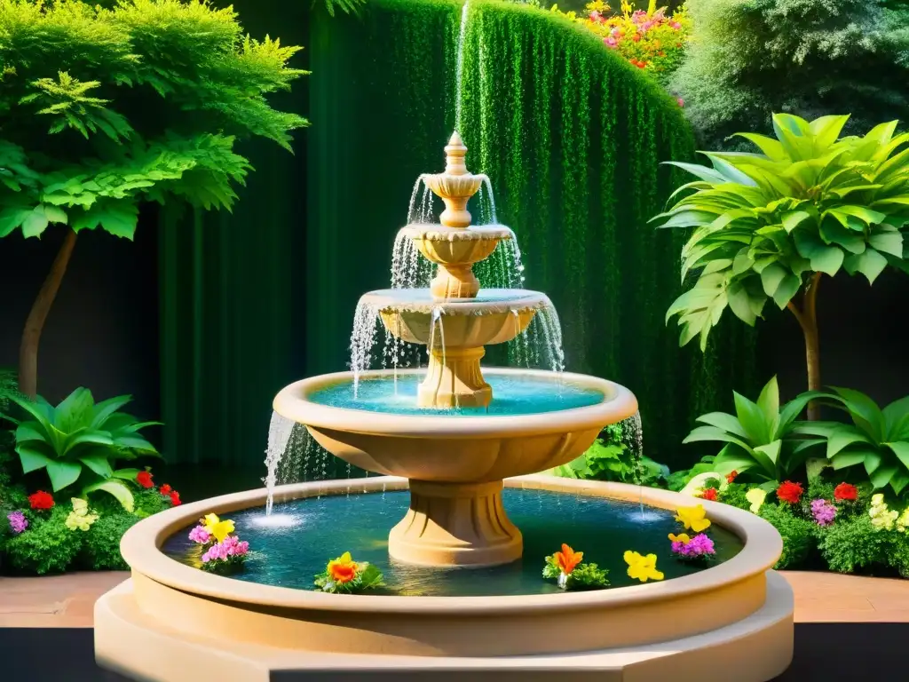 Un mágico oasis con fuente de agua rodeada de naturaleza exuberante y flores coloridas