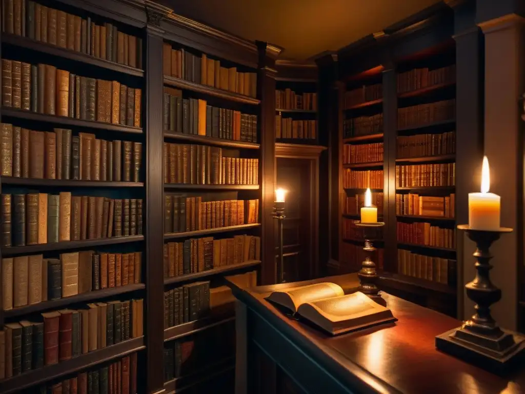 Recinto oscuro de conocimiento ancestral: biblioteca misteriosa Un mágico rincón del ocultismo en la obra Lovecraft: una biblioteca misteriosa con libros antiguos, velas titilantes y artefactos en sombras