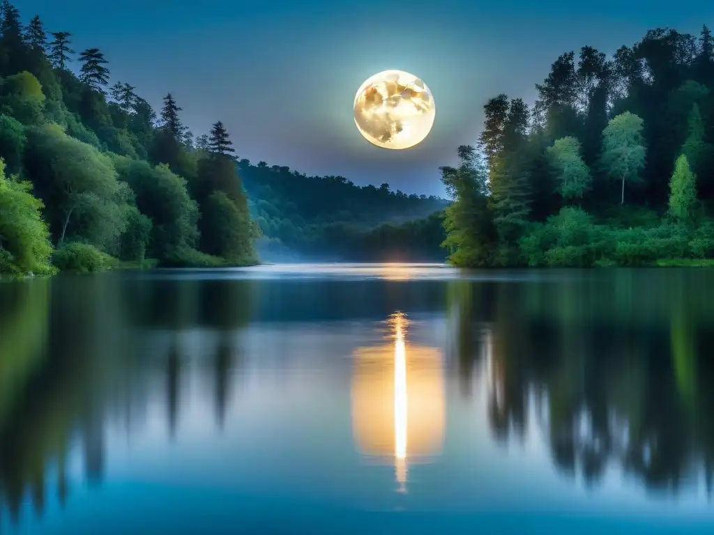 Un mágico reflejo de la luna llena brillando sobre un lago tranquilo en medio de frondosos bosques