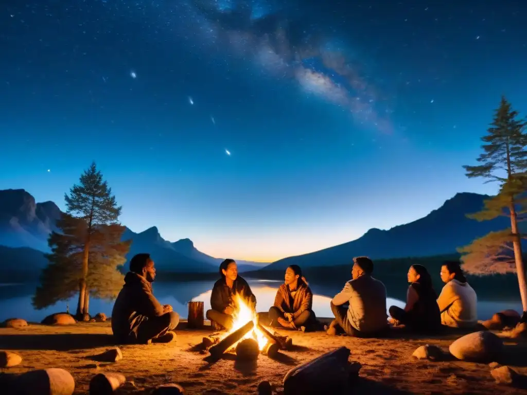 Un mágico ritual espiritual nocturno en un retiro, con diversidad de personas alrededor de una fogata bajo un cielo estrellado