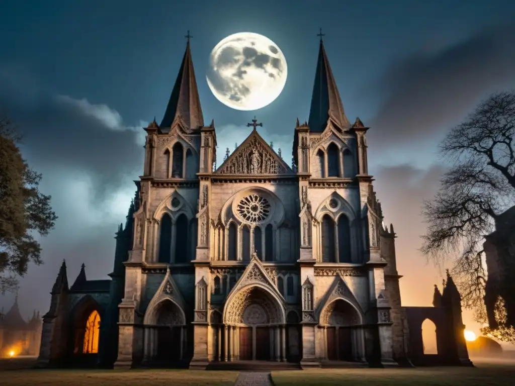 Majestuosa catedral gótica en penumbra con símbolos de nigromancia y rostros sombríos, bajo la luna