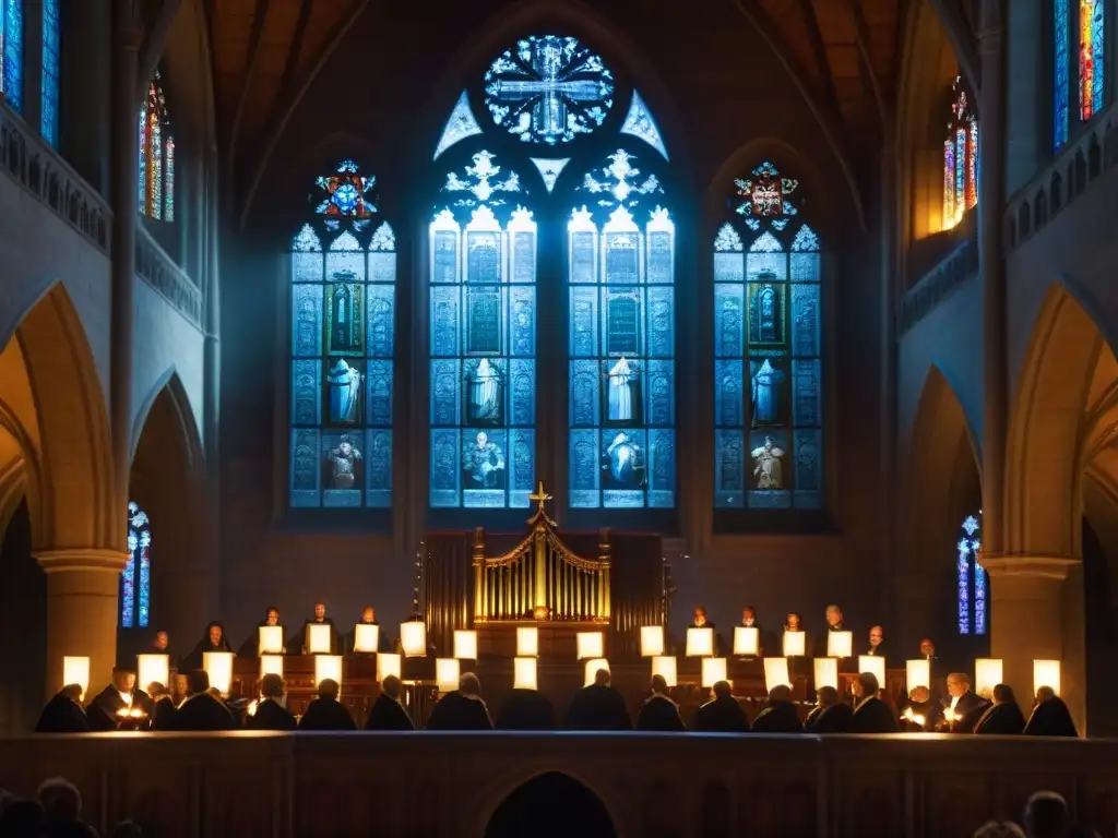 Majestuosa catedral iluminada débilmente con coro en capas misteriosas cantando música coral de sociedades secretas