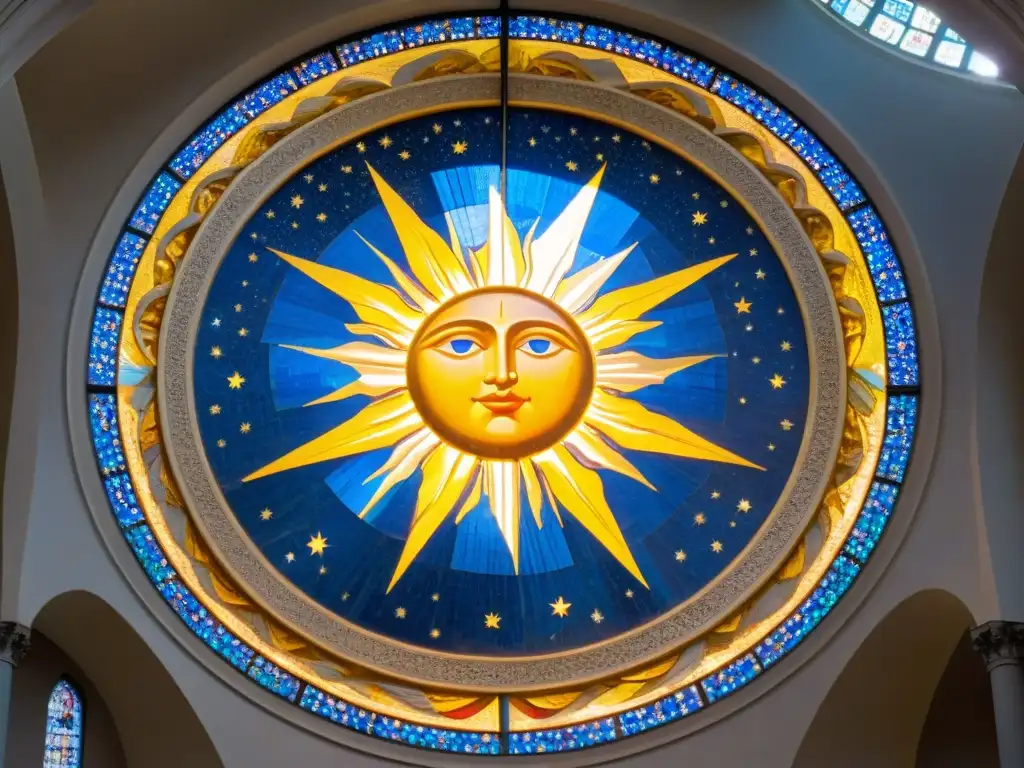 Una majestuosa cúpula con un intrincado mosaico de un sol radiante rodeado de figuras celestiales en oro y azul