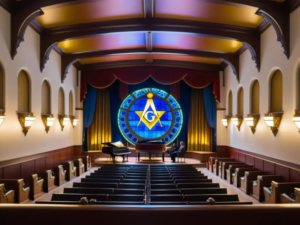 Una majestuosa escena en un templo masónico con instrumentos musicales y símbolos masónicos